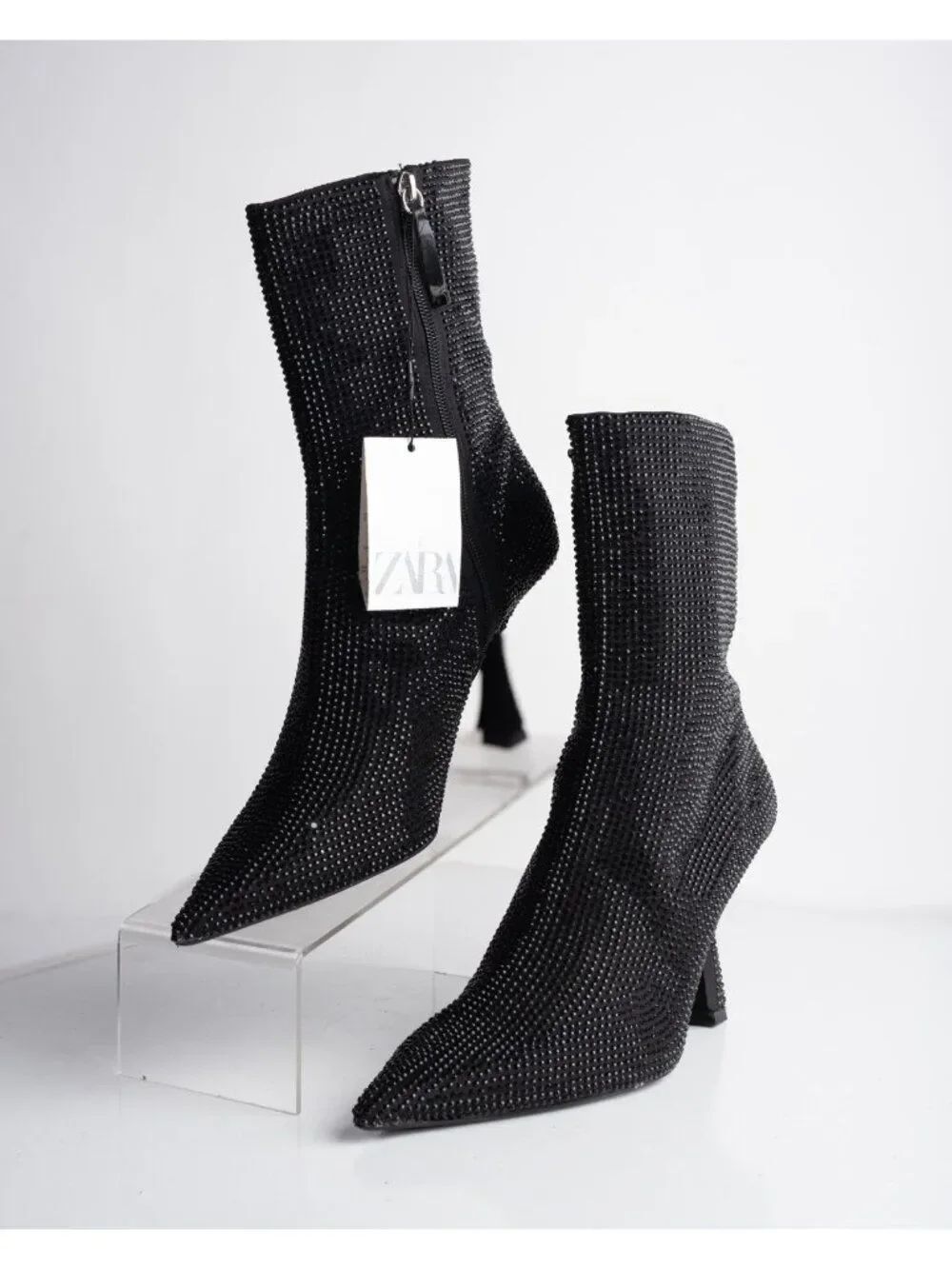 Zara Womens Rhinestone Heeled Boots Black Shimmer US 10 EU 41 2107/010 NWT